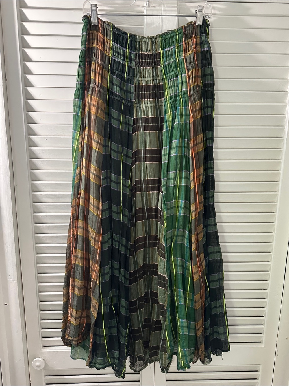 Free People Green Plaid Maxi Skirt with Brown, Gold & Orange Accents